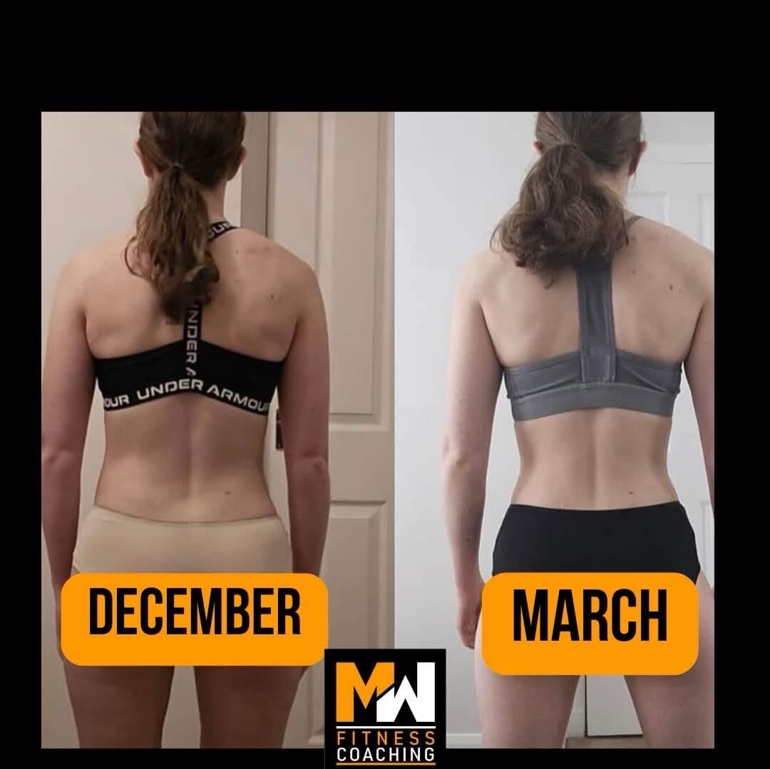 Client progress photo comparing December and March check-ins, rear view
